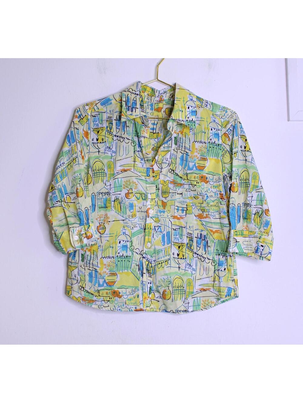 European Plaza Print 3/4 Sleeve Button Down Blouse - Small